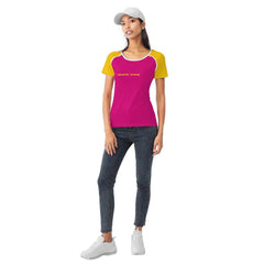 Airline Series Pink Yellow Color Block Crewneck Stretchy Logo Tee Streetwear Silky Fitted Chic Hip Bold Contrast Vibrant Statement Summer Casual Blissfully Brand