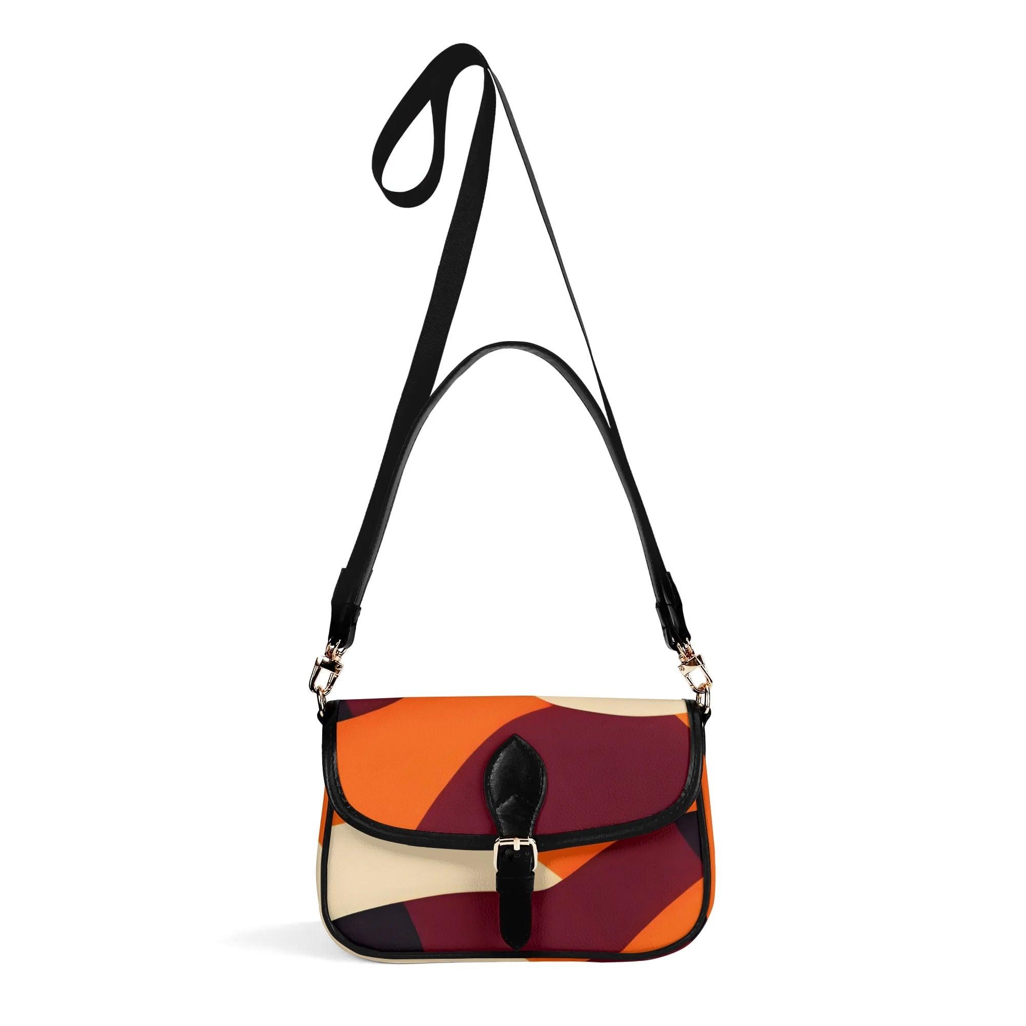 Stylish color-block crossbody bag featuring burgundy, orange, and cream geometric pattern with black trim and adjustable strap Faux Leather Retro Gold Buckle