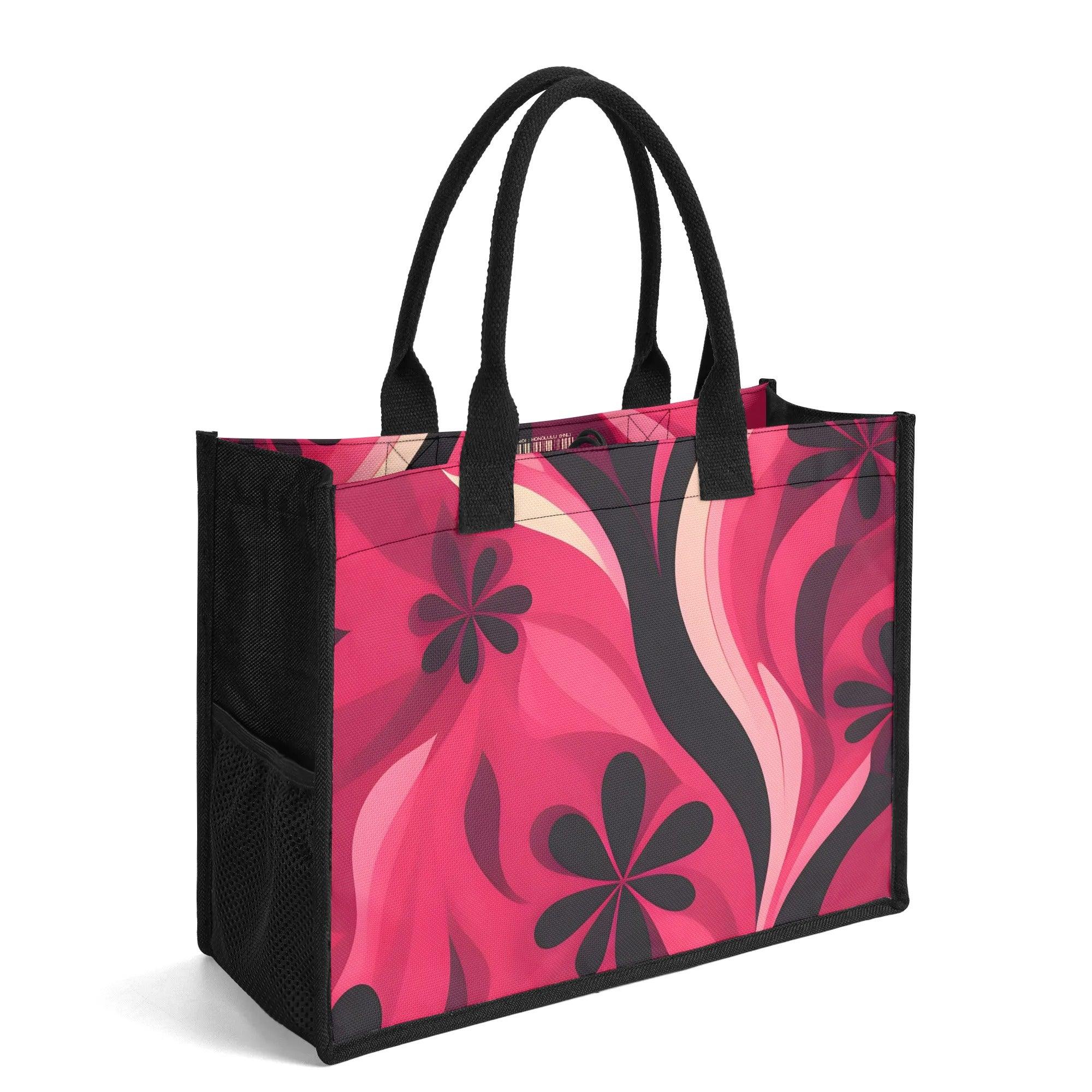 Floral canvas tote Durable Bold Abstract Pink Black Chic Versatile Designer Sturdy Shopper Bag Airline Series Blissfully Brand Aloha Hawaii