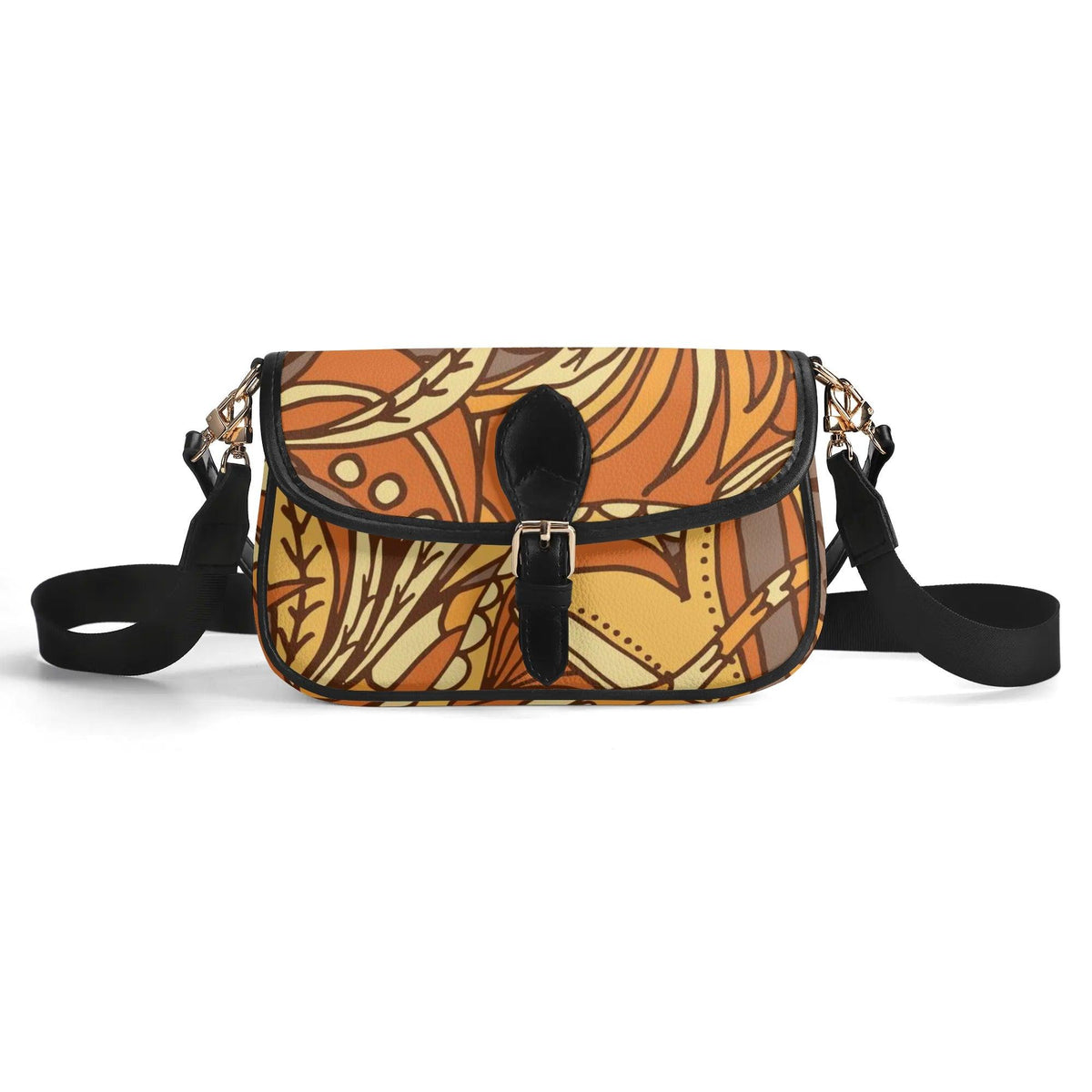 Stylish autumn-inspired shoulder bag with a vibrant leaf pattern, black adjustable strap, and secure buckle magnetic closure.