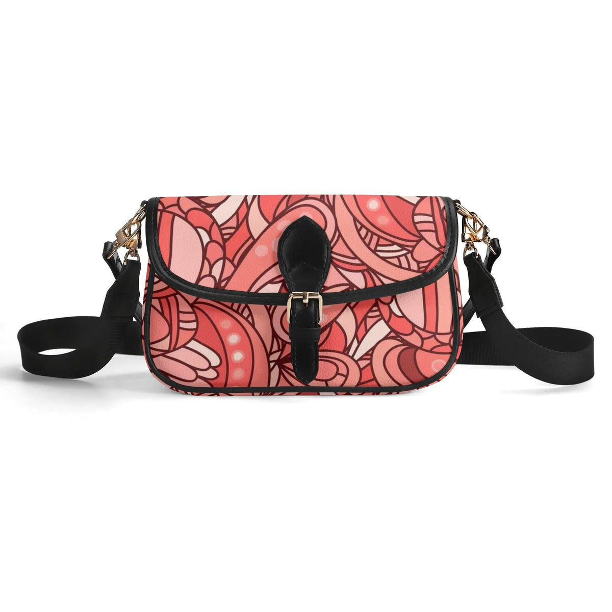 Stylish floral coral patterned women's shoulder bag strap and secure clasp closure faux leather red pink