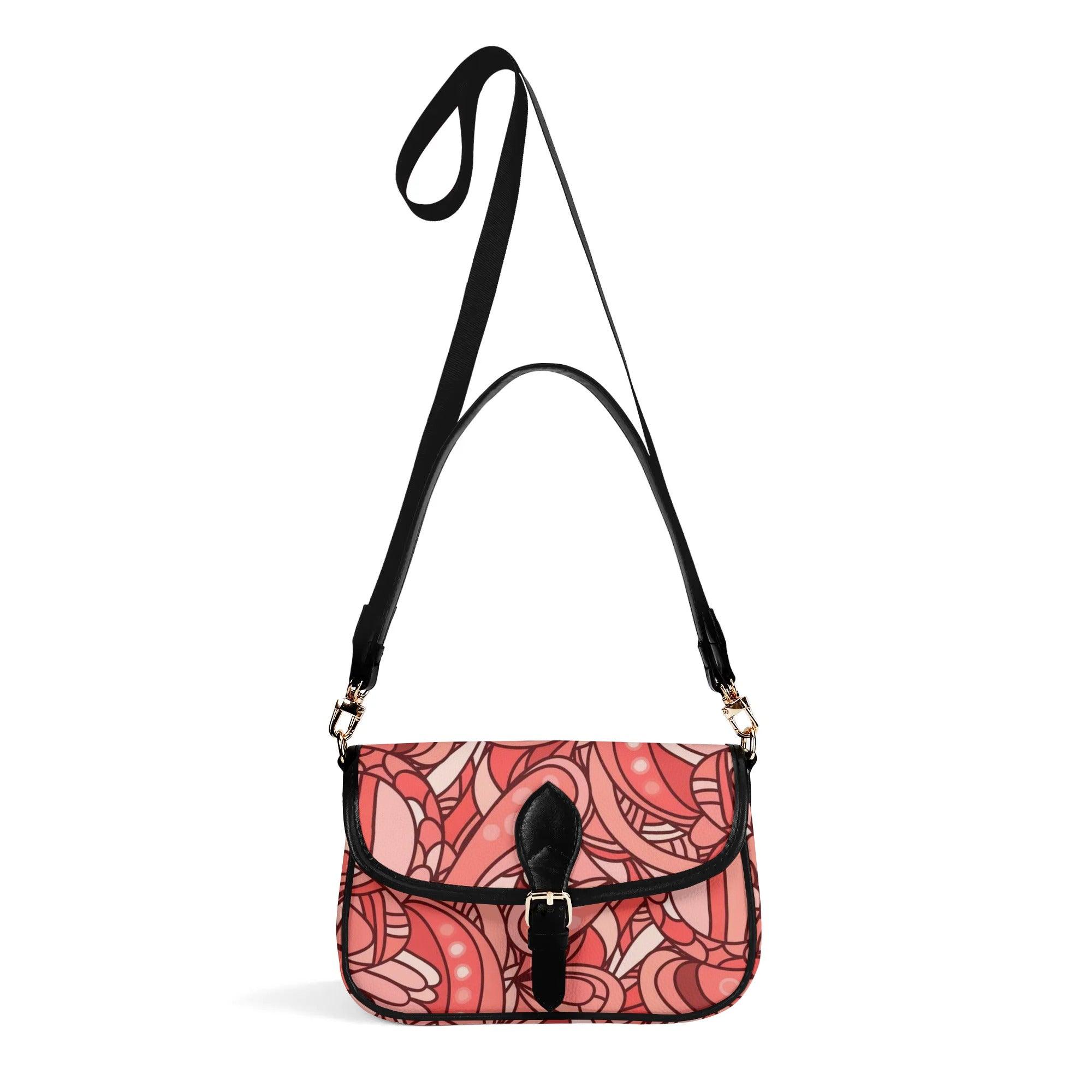 Stylish floral coral patterned women's shoulder bag strap and secure clasp closure faux leather red pink