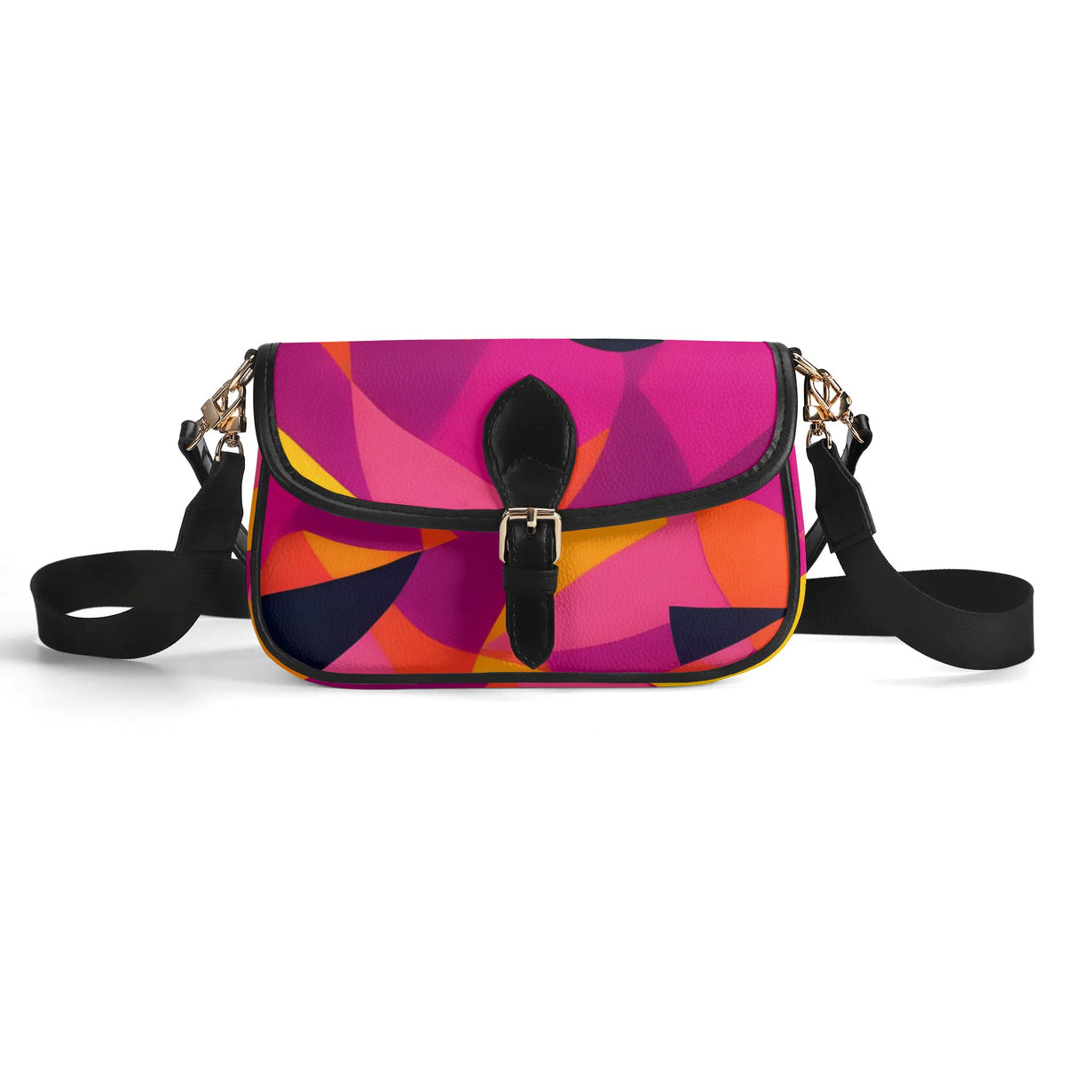 Colorful Abstract Designed Crossbody Bag with Black Faux Leather Strap and Buckle - Stylish Pink, Orange, and Yellow Women's Handbag