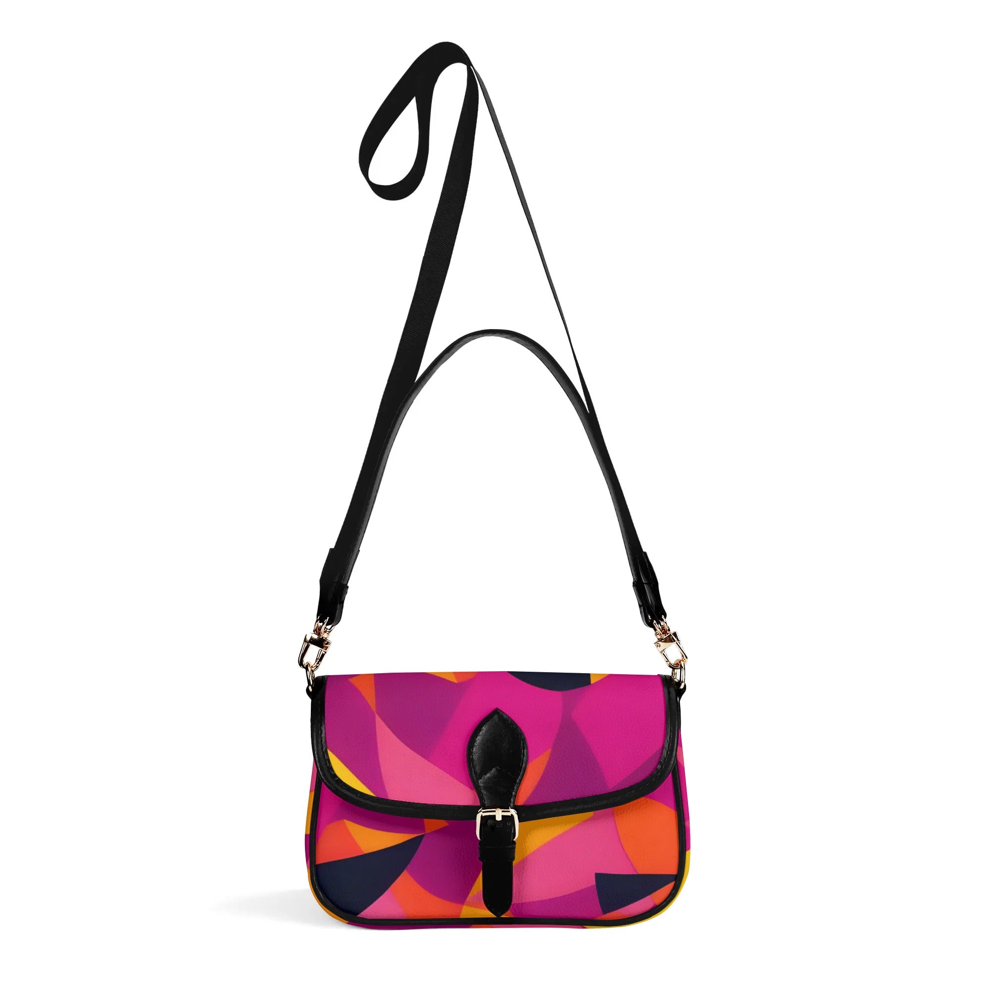 Vibrant pink and orange geometric patterned shoulder bag with black strap - fashion accessory for women