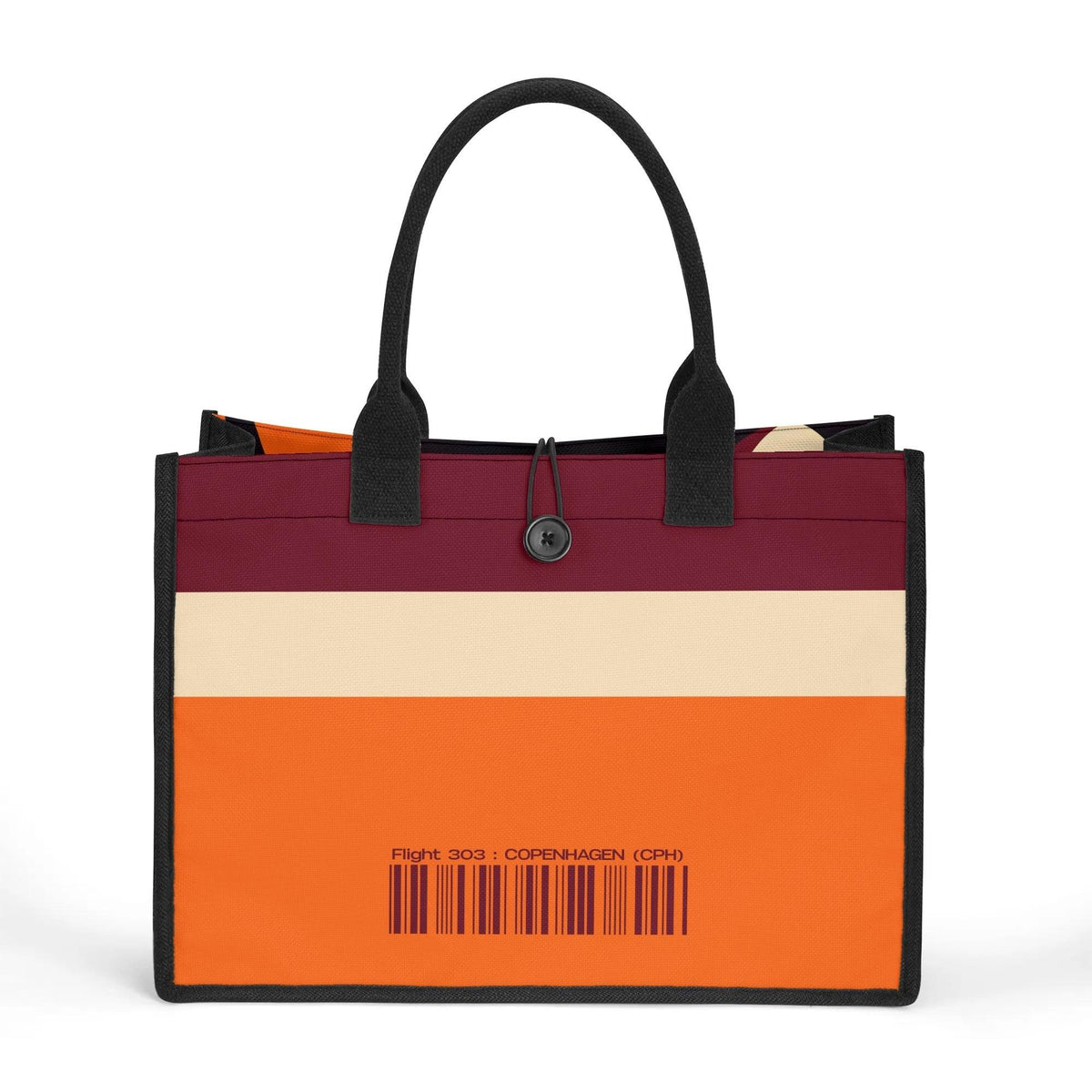 Elevate your travel style with this striking tricolor canvas tote bag. Bold burgundy, cream, and vibrant orange stripes create a chic, retro-inspired look. Featuring durable black handles and trim, and button embellishment , and a unique Flight 303 Copenhagen barcode design. This spacious, eye-catching bag seamlessly blends fashion and function for the modern jetsetter. 