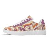 Bold Colorful retro-inspired women's sneakers with abstract swirl pattern in purple, orange, and beige tones. Low-top casual shoes with white laces and soles, featuring a unique 70s-style psychedelic print design perfect for fashion-forward streetwear Psychedelic 