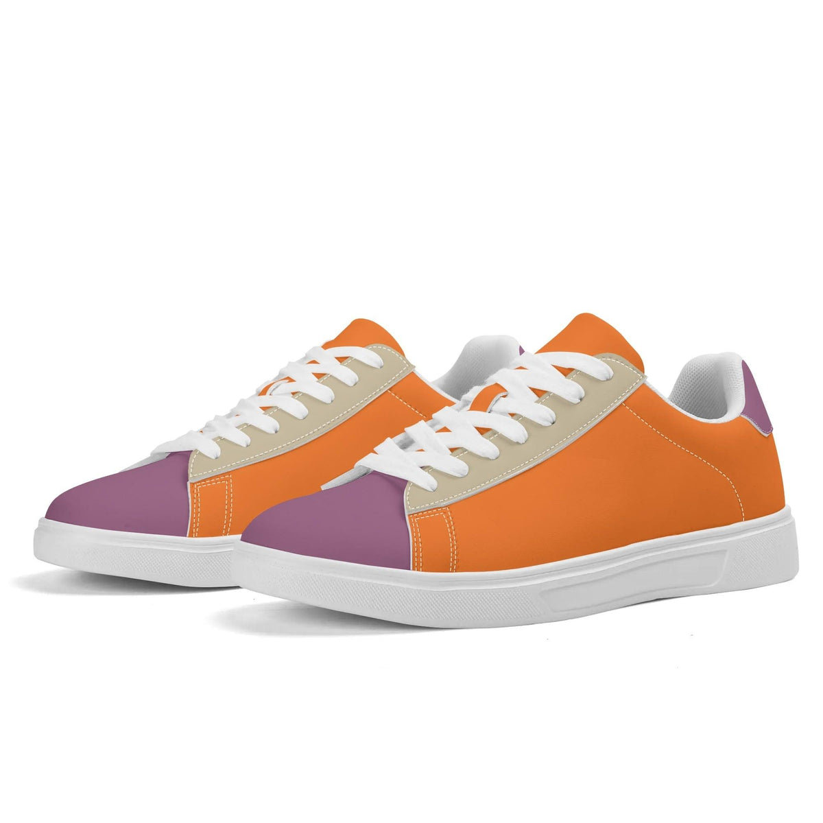 Colorblock women's sneakers featuring vibrant orange, purple, and beige panels with white laces and soles, casual low-top athletic shoes with trendy retro design