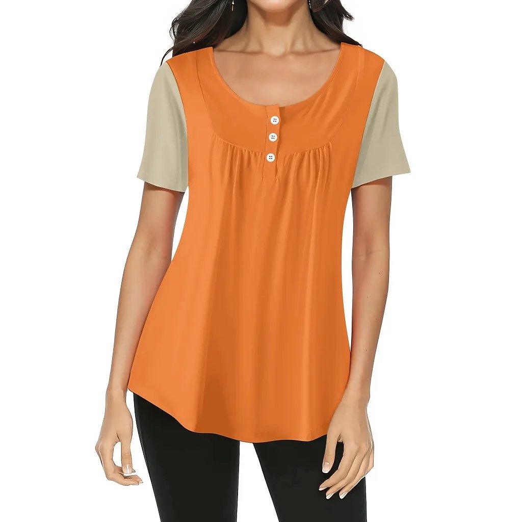 Women's two-tone orange and beige warm orange yellow  casual top with gathered front and button detail