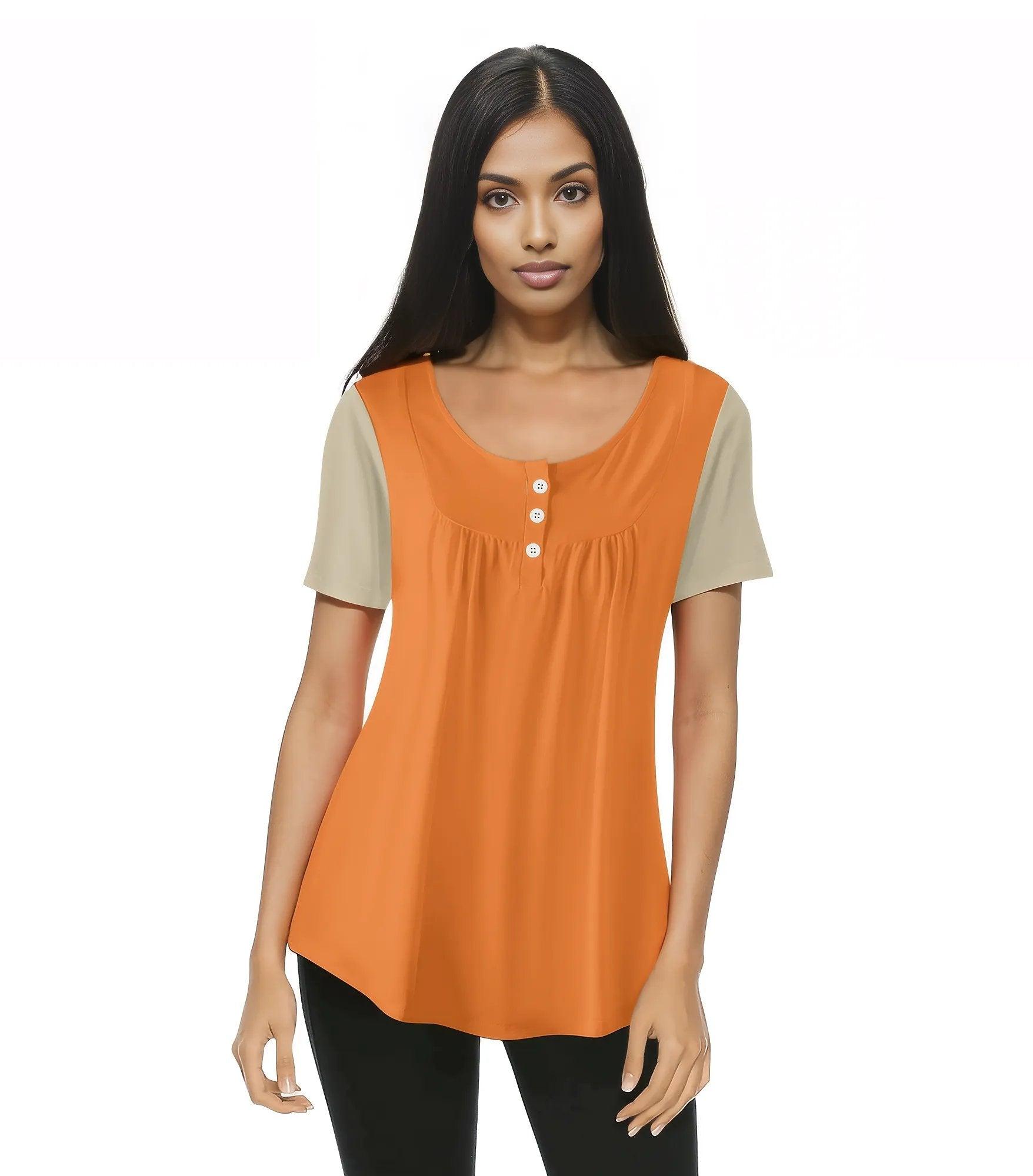 Orange and warm yellow beige bicolor women's A-line top with button detailing