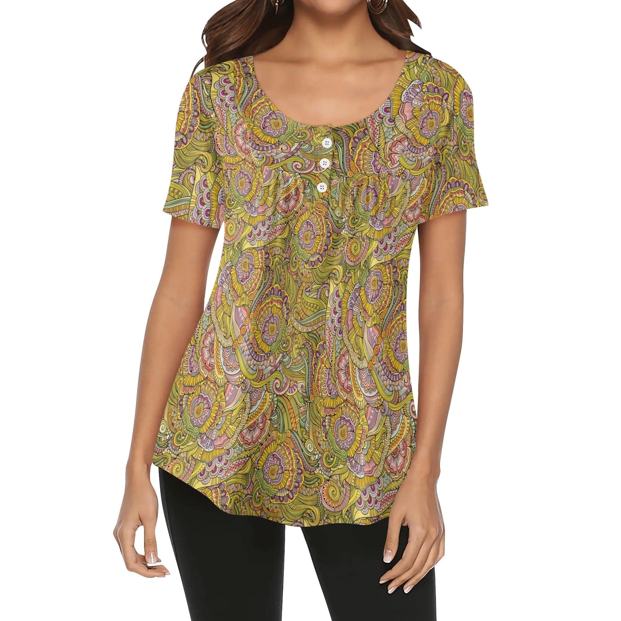 Scoop neck psychedelic paisley Short sleeve boho women's top blouse. Retro Green Yellow