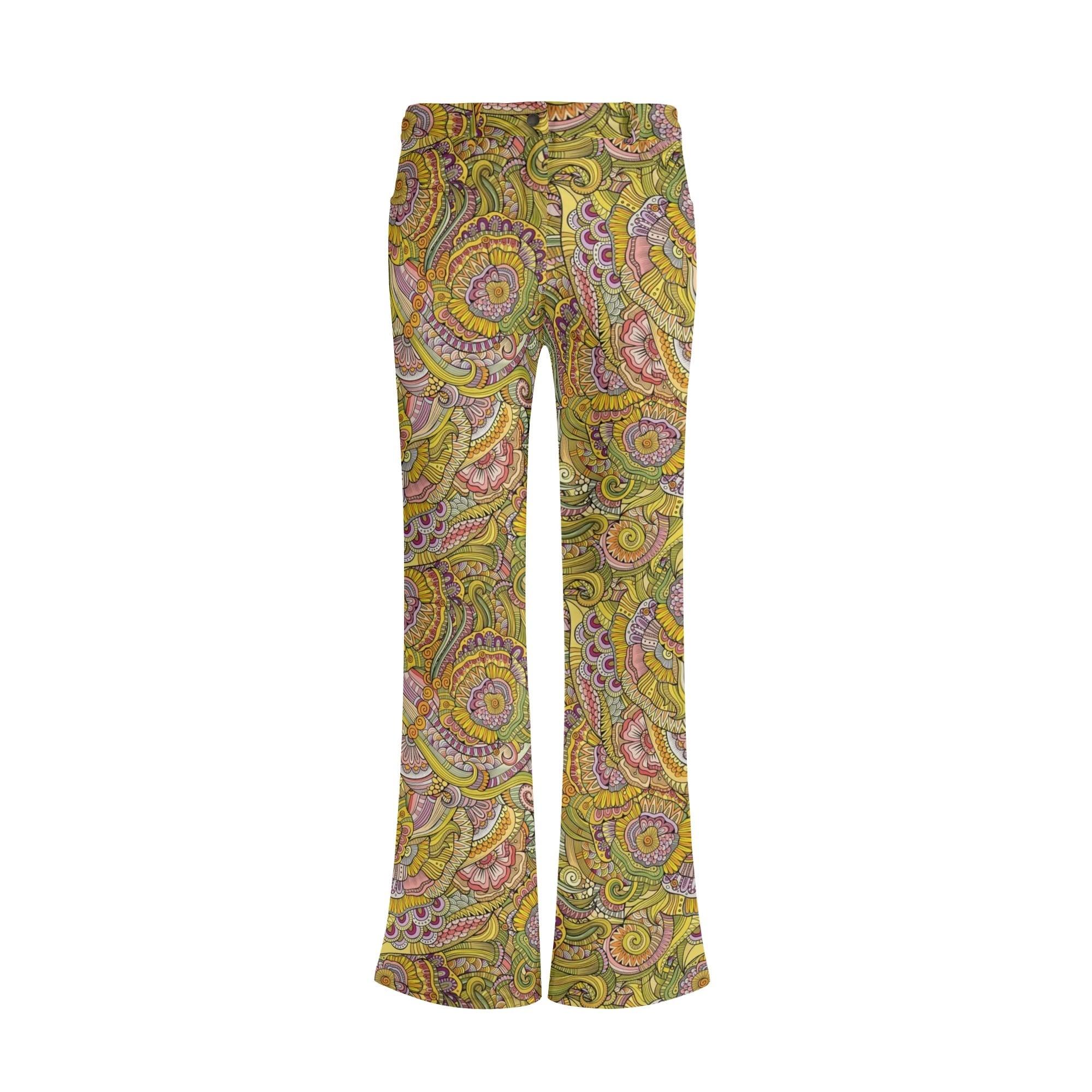 women's flare leg pants with a vibrant yellow and green Wanda pattern, featuring intricate floral paisley retro designs. The pants are flowy and comfortable, perfect for a bohemian look.