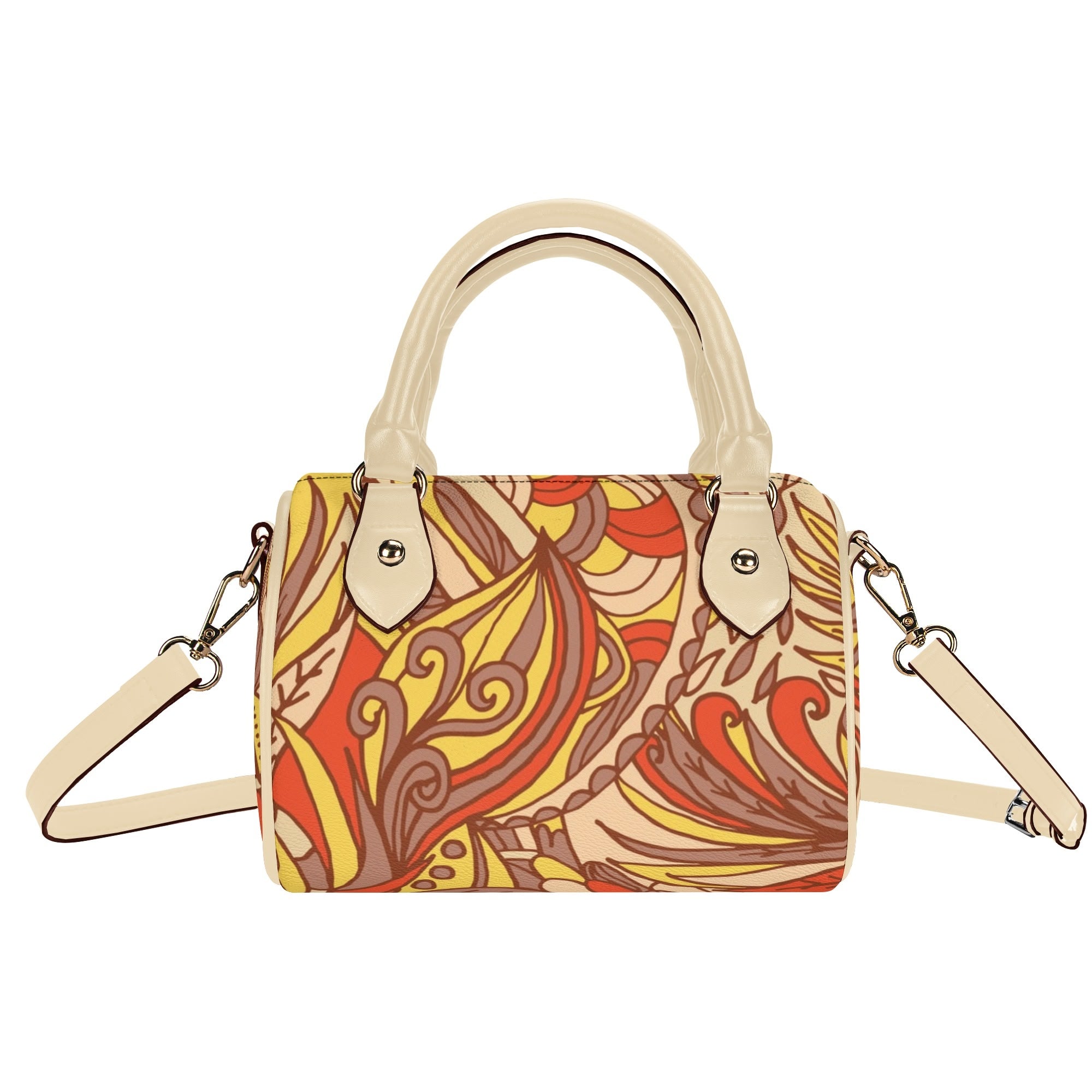 Miarna Mini Boston Satchel Bag with vibrant orange, yellow, and brown abstract print with retro floral vibes, cream handles, and detachable shoulder strap. Blissfully Brand