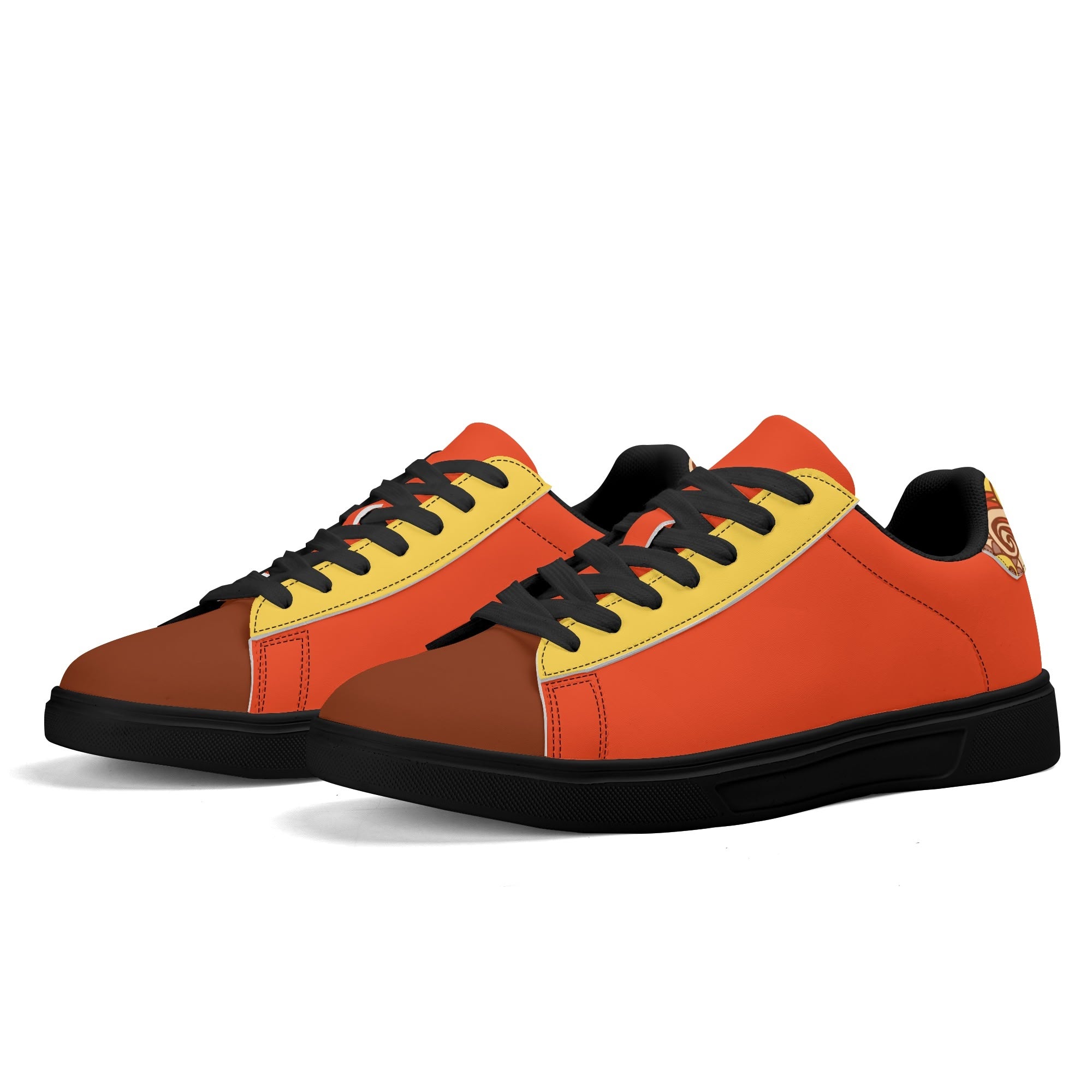 Miarna series women's faux leather sneakers in orange, brown, and yellow color-block design with black laces and sole Blissfully Brand