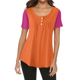 Women's casual short-sleeve top in orange with contrasting pink sleeves, scoop neck, three decorative buttons, and loose flowing fit -  Blissfully Brand