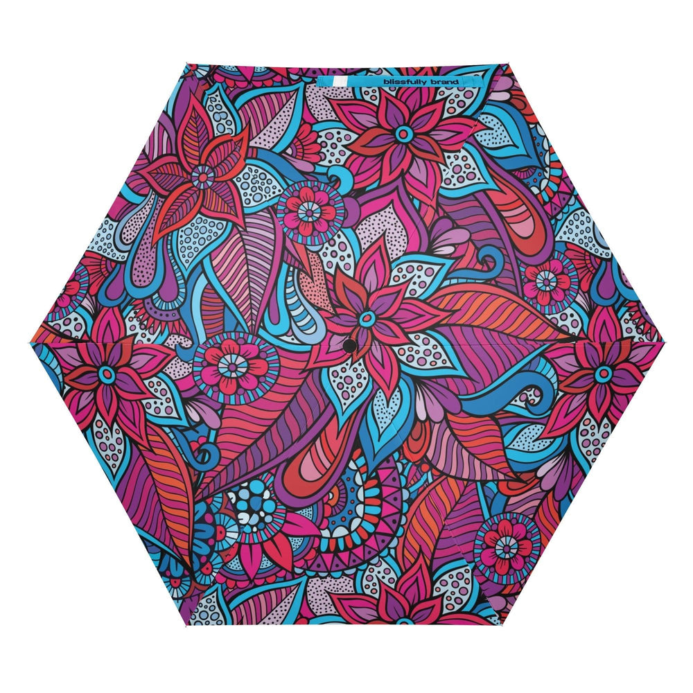 Colorful retro floral pattern Viaje auto open and close umbrella with hexagonal shape Violet and blue - Blissfully Brand