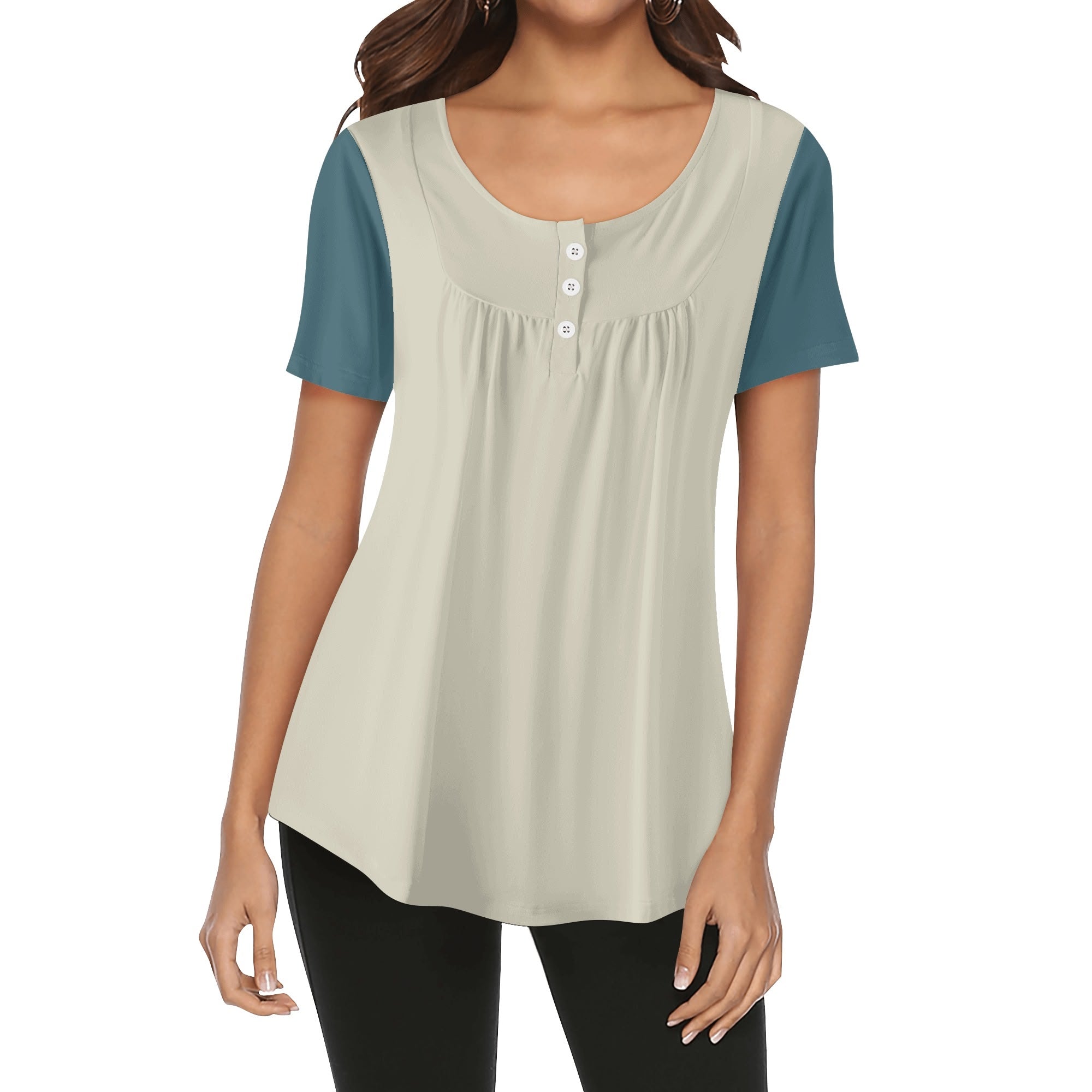 Women's light green beige and teal colorblock short sleeve button-down top, A-line silhouette, casual style - Blissfully Brand