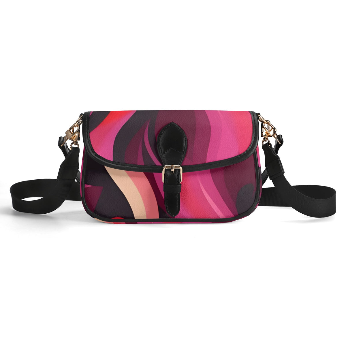 Prague Retro Stylish pink and black abstract print flap over crossbody bag with gold hardware and adjustable strap Chic Shoulder bag - Blissfully Brand