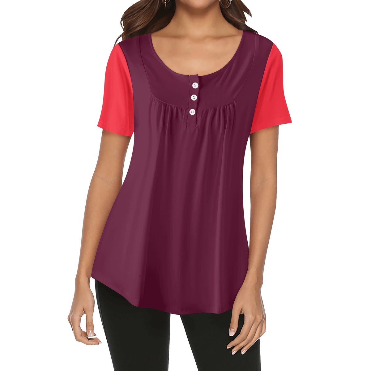 Prague Two-Tone Scoop Neck Tunic Top Bold & Soft Dark Red - Color Block - Blissfully Brand