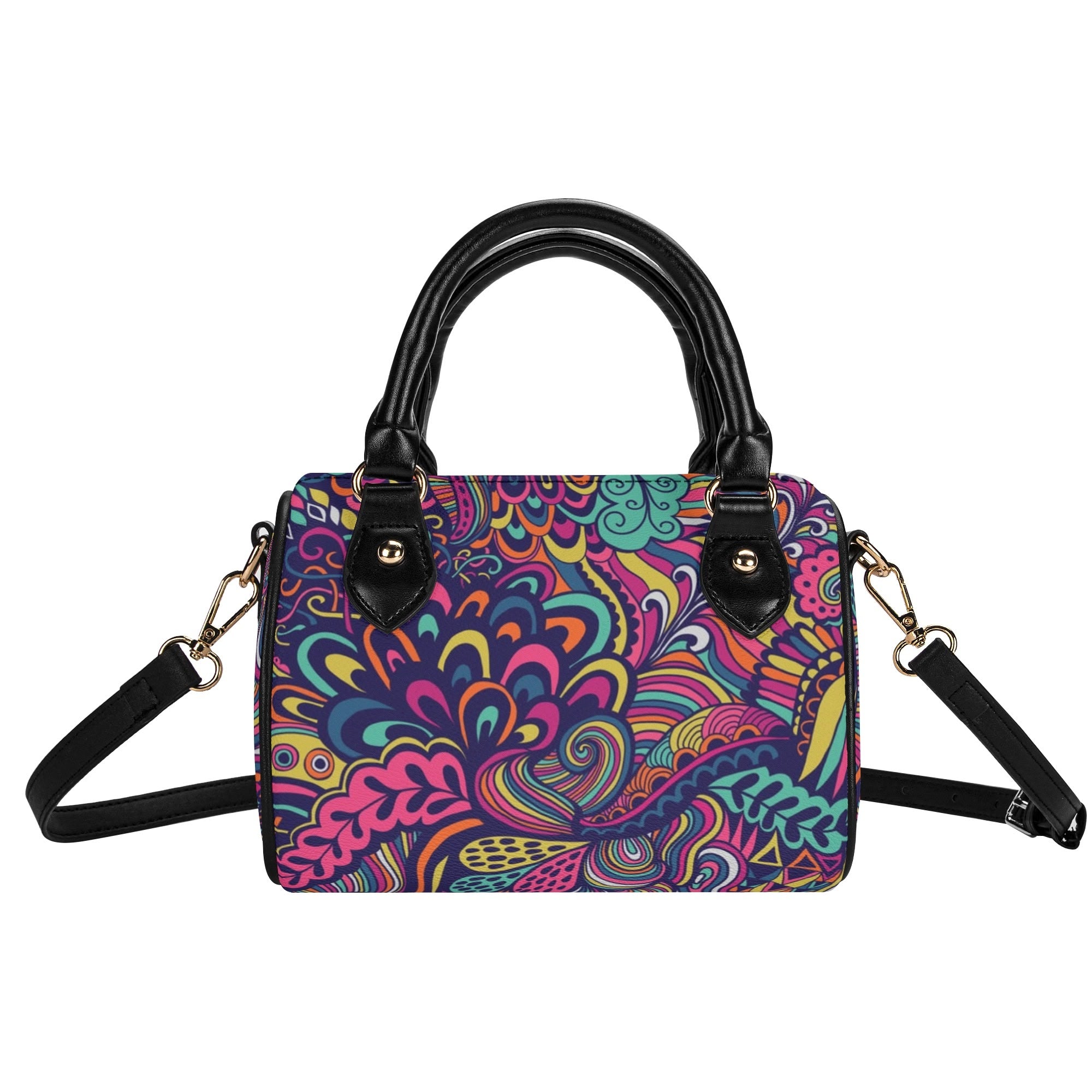 Juhla Boston Satchel barrel handbag with psychedelic floral print in turquoise, pink, and orange with black faux leather handles and adjustable strap - Retro Chic - Blissfully Brand