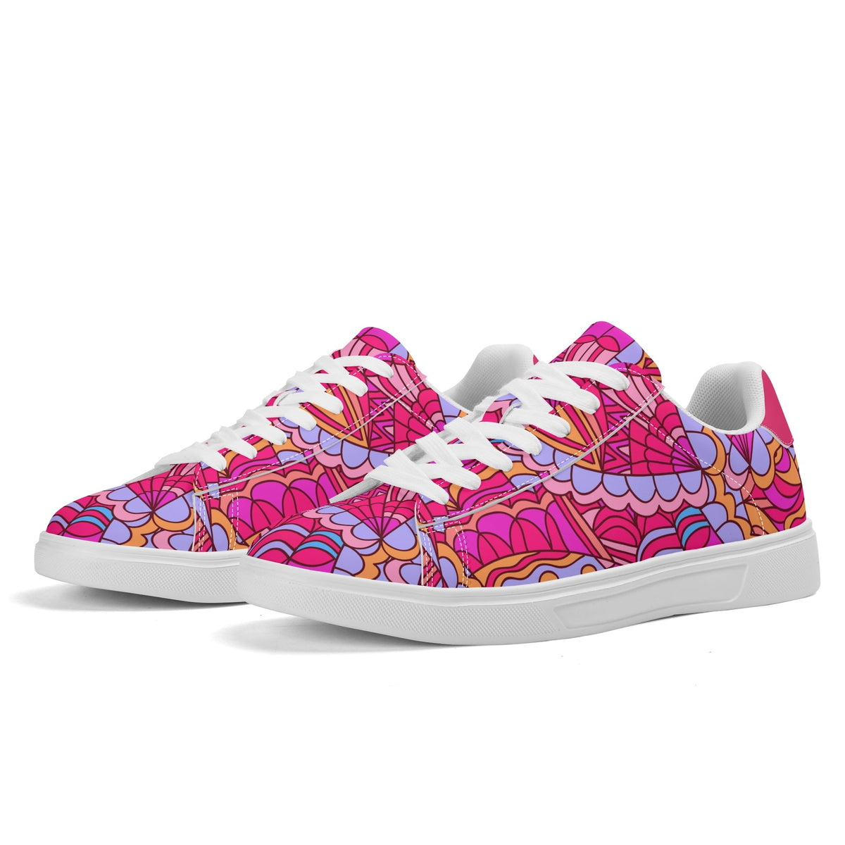 Palai designer skater sneakers featuring vibrant pink and purple psychedelic floral pattern with white sole and laces, vegan leather fashion footwear. Blissfully Brand