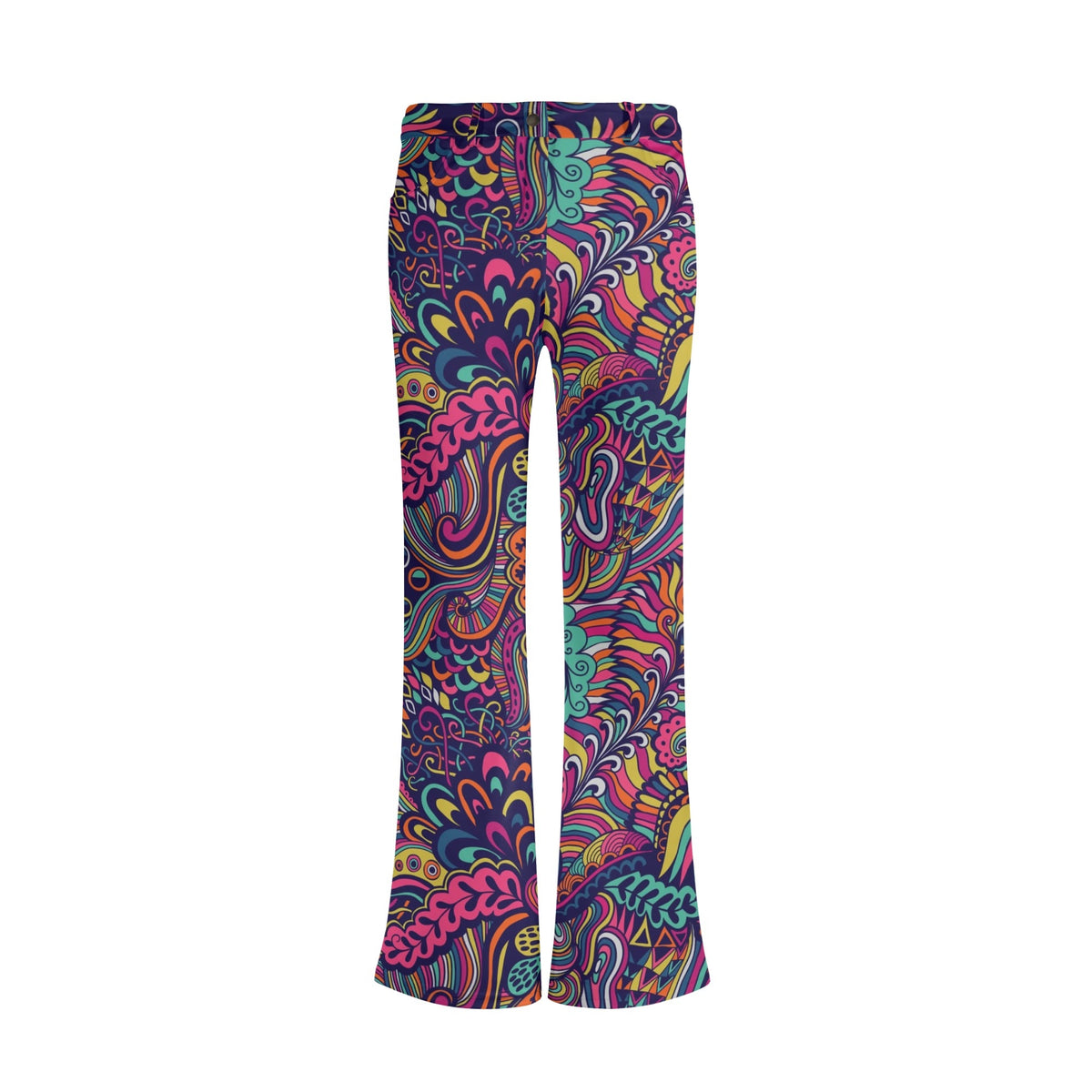 Vibrant multicolored flare pants with psychedelic swirl pattern featuring pink, turquoise, yellow and purple paisley and botanical designs Retro inspired - Blissfully Brand