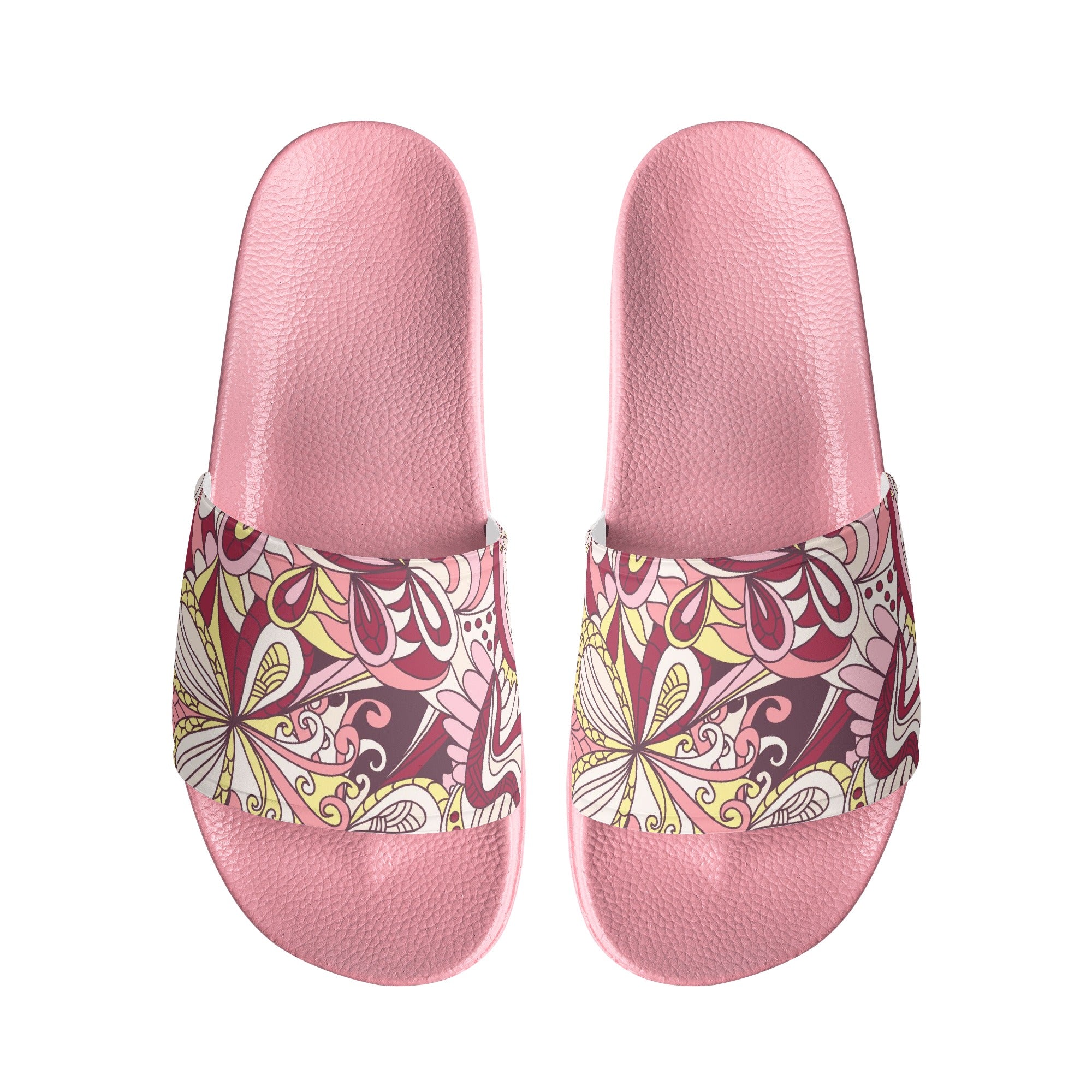 Pink lightweight slip-resistant sliders with a vibrant Piki print retro floral - design - Summer Chic by Blissfully Brand