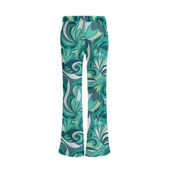 Shimmering Mima Series Flare Pants – Abstract Green Pattern Mid-Waisted Leggings - with belt loops - retro disco chic - kaleidoscopic print - teal & green - Blissfully Brand 