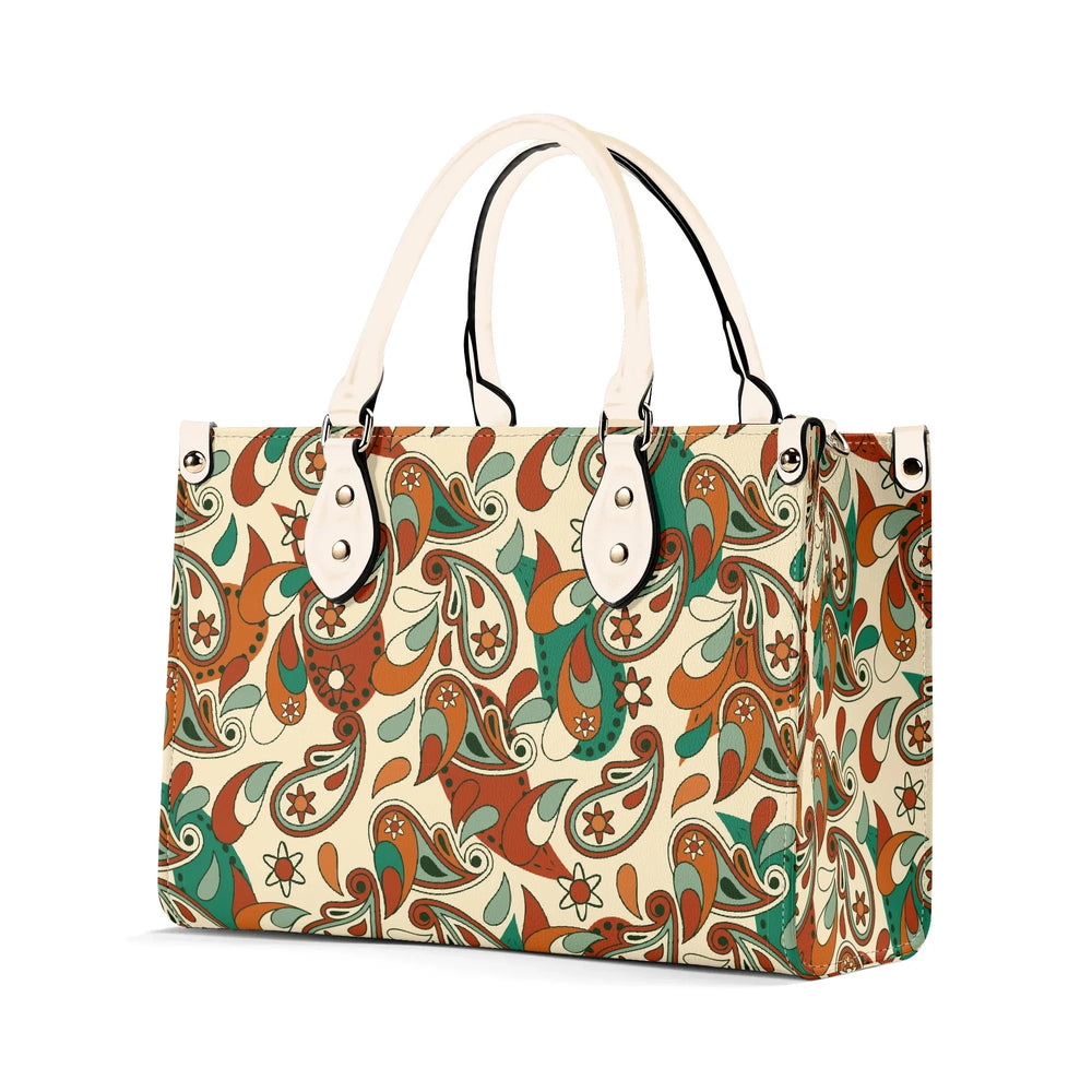 Lushka print box satchel handbag made from premium PU leather, featuring a vibrant vintage-inspired bohemian pattern in green, orange, and cream tones - Blissfully Brand