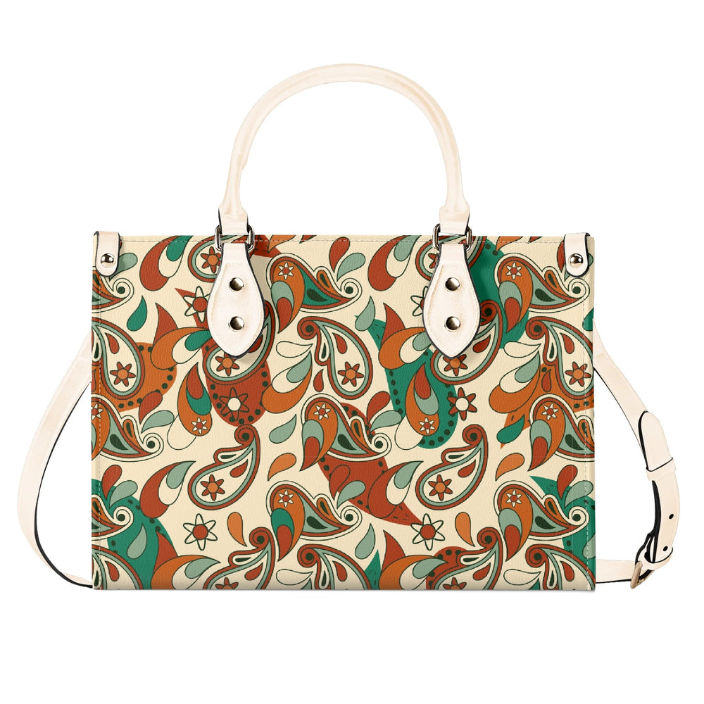Lushka retro print box satchel PU leather handbag with vibrant paisley pattern in brown, green, and beige tones - Blissfully Brand
