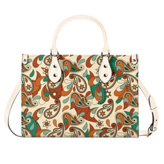 Lushka retro print box satchel PU leather handbag with vibrant paisley pattern in brown, green, and beige tones - Blissfully Brand
