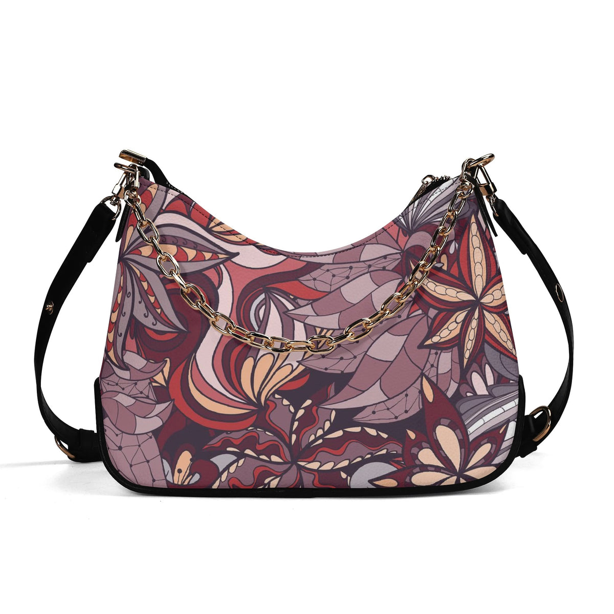 Vibrant Biei Print Faux Leather Shoulder Bag with Abstract Floral Design, Gold Chain Strap, and Adjustable Handles - Blissfully Brand