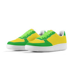 Canary Yellow and Dark Pastel Green contrast color block low-top standout sneakers with lace-up closure, eco-friendly PU leather, waterproof design, rubber outsole, and removable EVA insole - Blissfully Brand