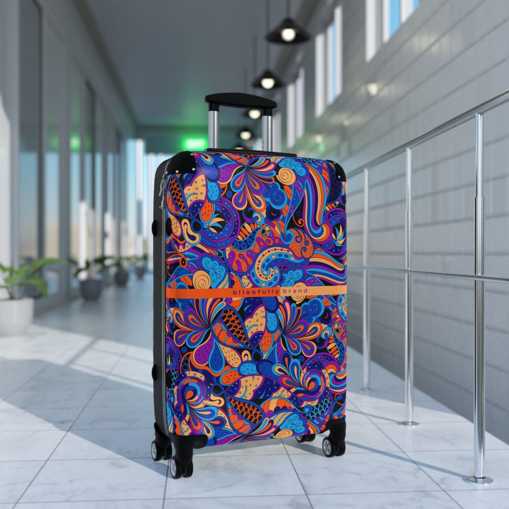 Jina Luggage Collection - Abstract Kaleidoscope Paisley Floral Print Psychedelic Retro Swirls Funky Multicolor Check in Carry On Roller 360 Hard Shell Unique Retro Vibrant Bold Blue Orange