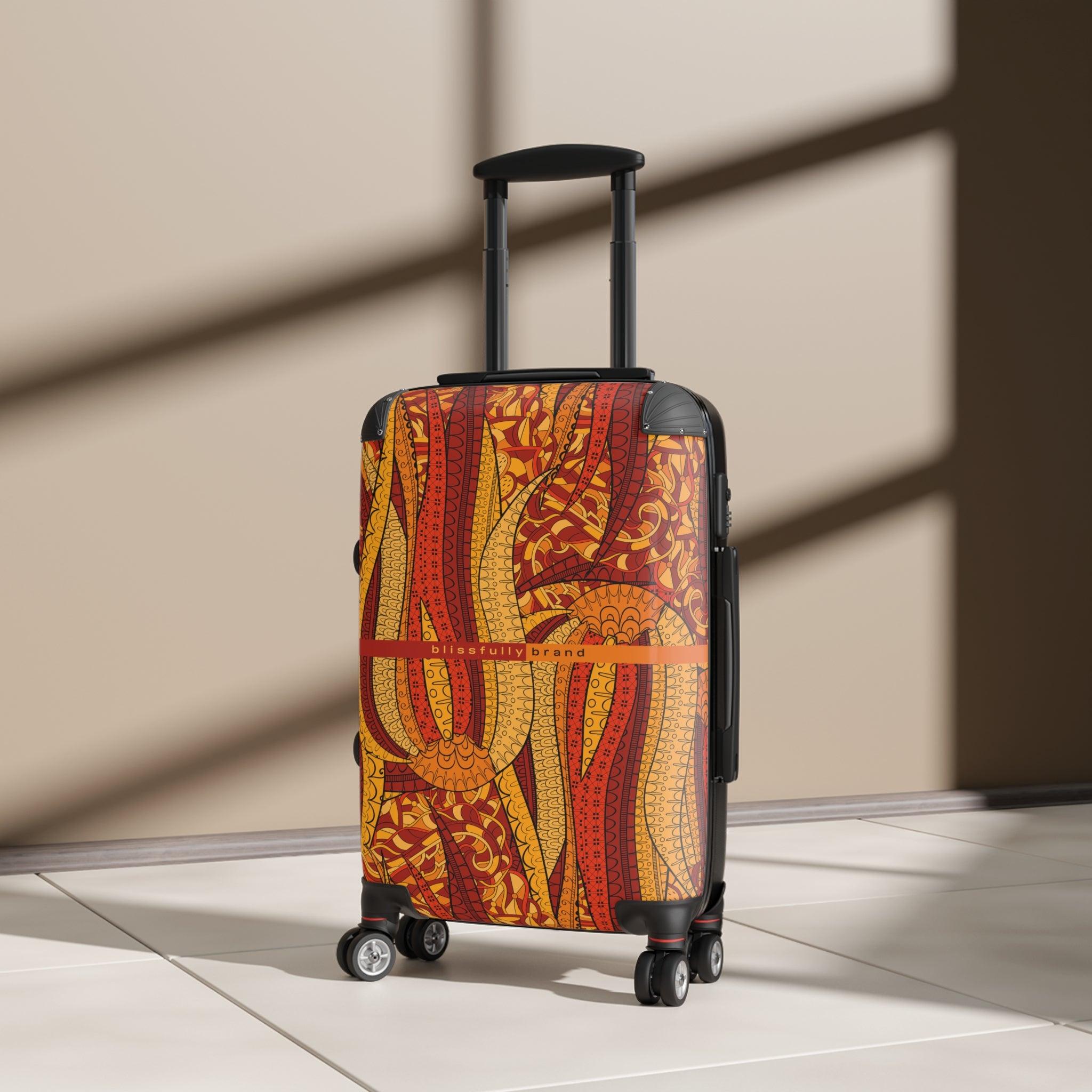 Ame Luggage Collection - Abstract Kaleidoscopic Tribal Print Psychedelic Retro Orange Dark Light Multicolor Check in Carry On Roller 360 Hard Shell Unique Retro