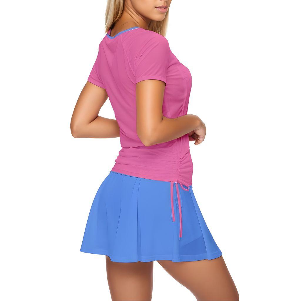 Sechia Two Tone Active Top & Skort Set - Pink & Blue Sports Tennis Activewear Crewneck Ruched Tie Pleated Contrast