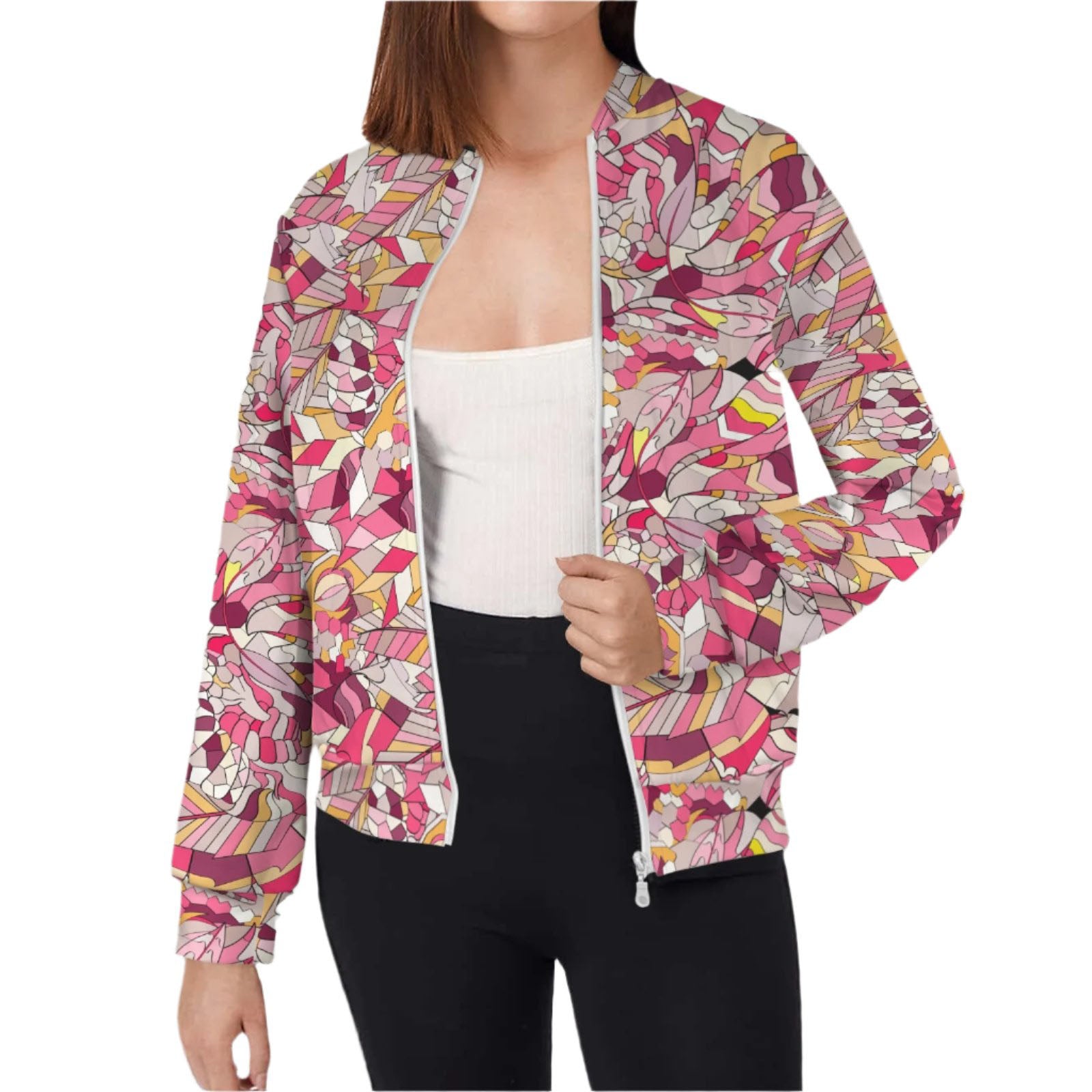 Colorful casual lightweight bomber jacket with mosaic pattern in pink yellow and red. Abstract vibrant bold print Blissfully Brand