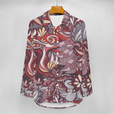 Biei High Low Button Down Women's Shirt - Abstract Floral Print Casual Funky Wild Retro Paisley Red Pink Long Sleeve