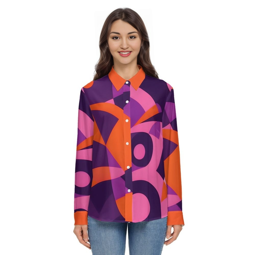 Airline Series 239 Long Sleeve Button-Up Shirt Geometric Pop Art Print Violet Orange Pink Multicolor Chic long sleeve blouse Collar Bold Vibrant Retro Abstract Print Blissfully Brand