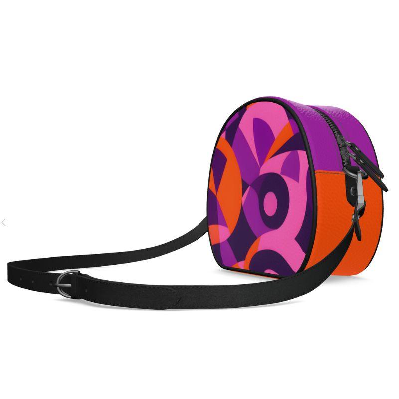 Airline Series - Circle Crossbody Real Textured Leather Bag - Geometric Print Violet Orange Pink Mod Retro Vibrant Bold Mixed Media Flight 239 Tokyo by Blissfully Brand Handmade in England