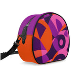 Airline Series - Circle Crossbody Real Textured  Leather Bag - Geometric Print Violet Orange Pink Mod Retro Vibrant Bold Mixed Media Flight 239 Tokyo by Blissfully Brand Handmade in England Psychedelic 70's pop art