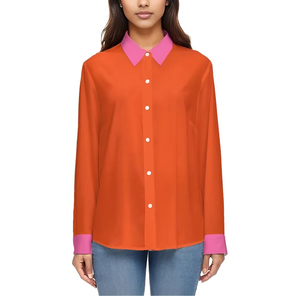 Airline Series Orange Pink Color Block Long Sleeve Button-Up Women's Shirt Chic long sleeve blouse Sliky Soft  Contrast collar shirt women's Vibrant Solid Blissfully Brand