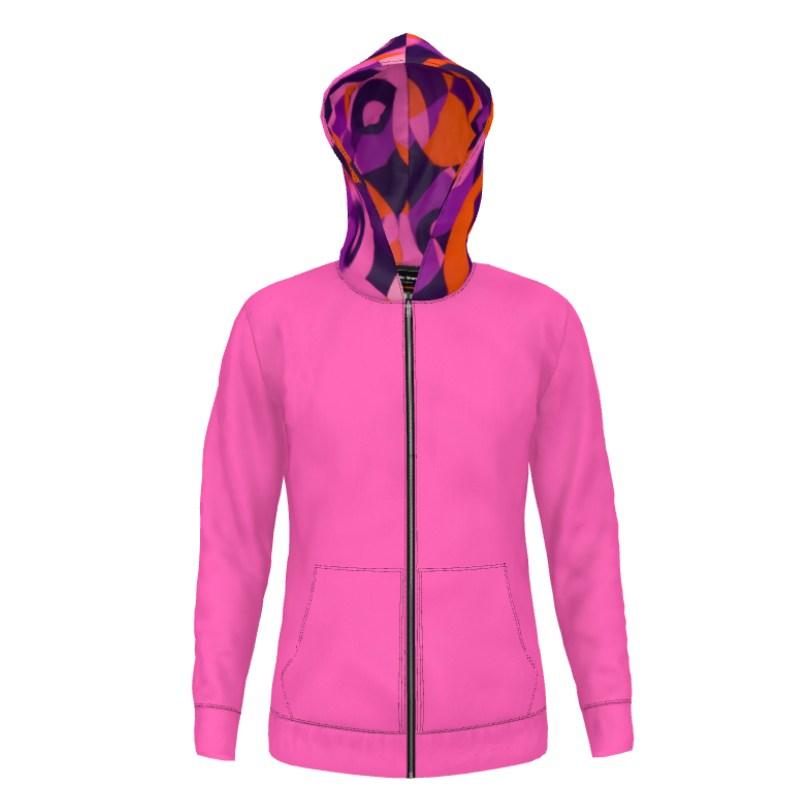 Flight 239 -  Zip Hoodie - Pink - Abstract Print Swirls Retro Geometric Funky Bold Vibrant Fleece Jersey Airline Series Plus Sizes Unisex Relaxed