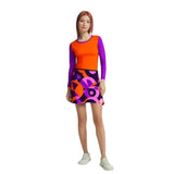 Orange Violet Color Block Long Sleeve Women's Tee - Cotton Jersey Spandex Stretch Crewneck - Barcode Tokyo Flight 239 - Airline Series Mini Skater Skirt Plus Sizes