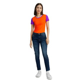Orange Violet Color Block Short Sleeve Women's Tee - Cotton Jersey Spandex Stretch Crewneck - Barcode Tokyo Flight 239 - Airline Series T-shirt