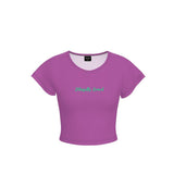 Purple Women’s Crop Tee with “Blissfully Brand” Logo in Green - Recycled Poly Jersey or Cotton 