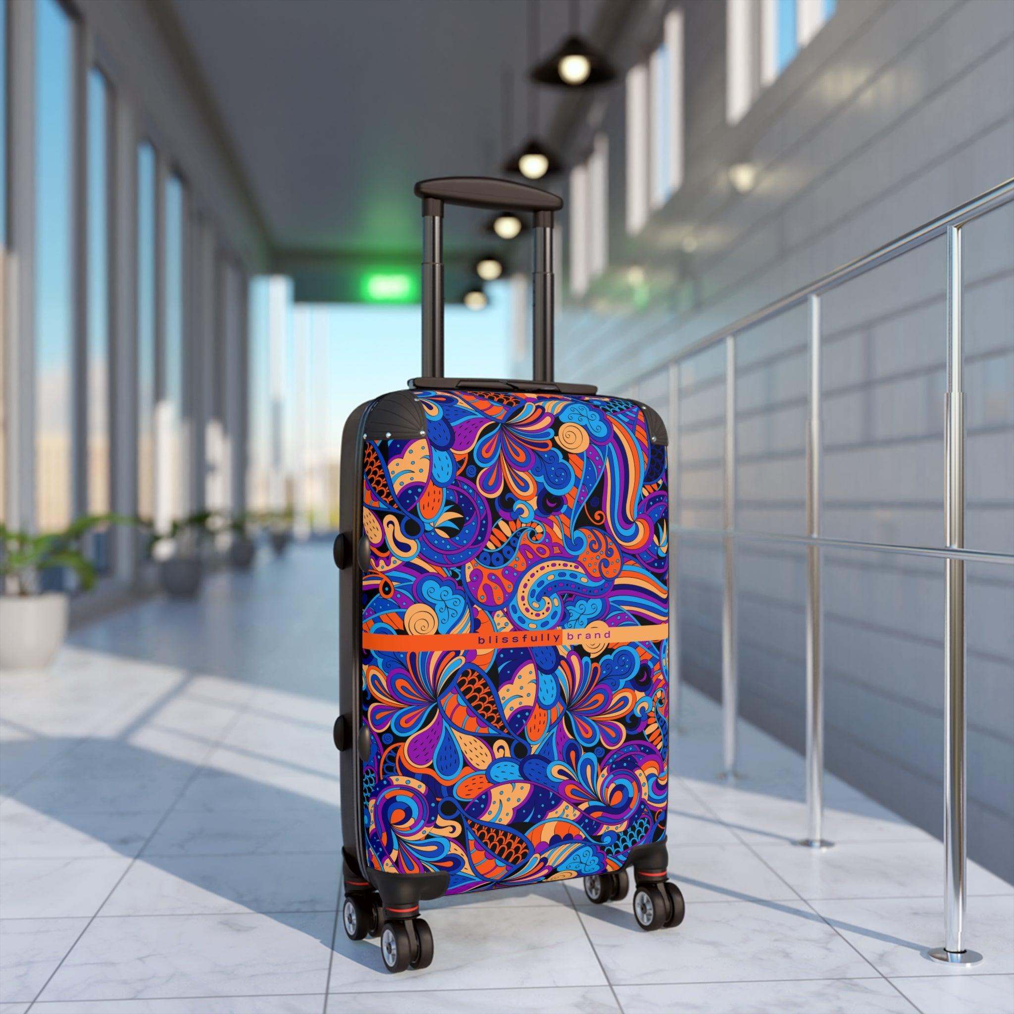 Jina Luggage Collection - Abstract Kaleidoscope Paisley Floral Print Psychedelic Retro Swirls Funky Multicolor Check in Carry On Roller 360 Hard Shell Unique Retro Vibrant Bold Blue Orange