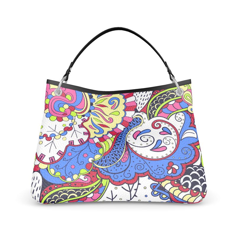 Sechia Series Handmade Nappa Leather Slouch Hand Bag with Colorful Bohemian Design Floral Retro Vibrant Bold - Blissfully Brand