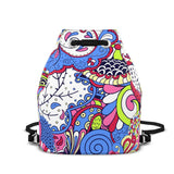 Sechia Colorful psychedelic paisley pattern leather bucket backpack with drawstring closure and black straps - Bold Chic and Handmade in London - Blissfully Brand