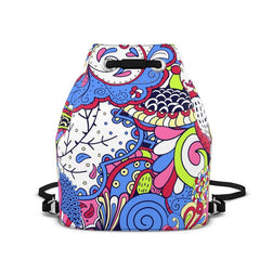 Sechia Colorful psychedelic paisley pattern leather bucket backpack with drawstring closure and black straps - Bold Chic and Handmade in London - Blissfully Brand