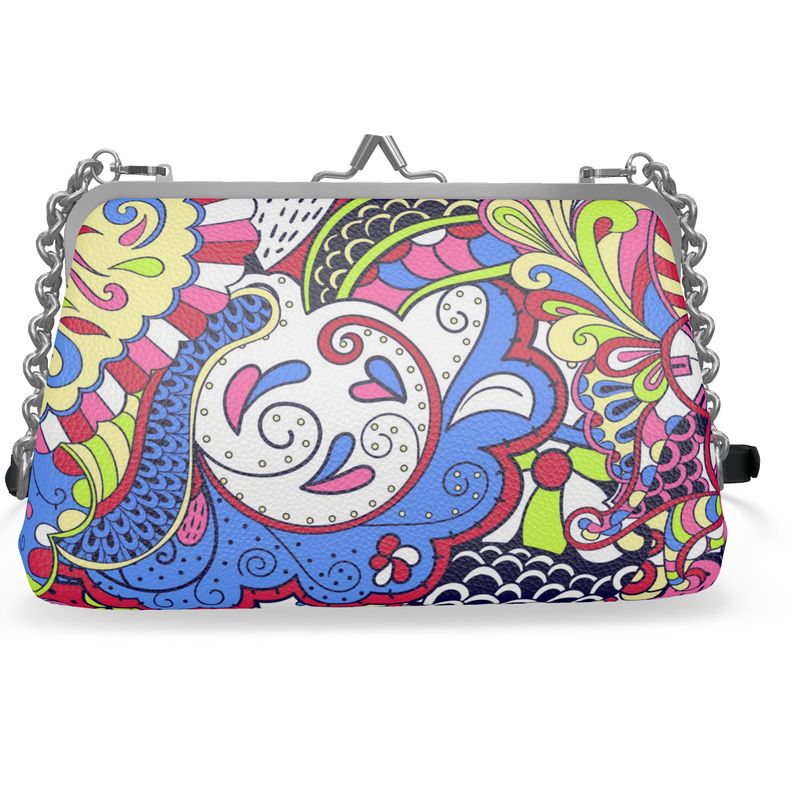 Sechia Large Leather Frame Clutch - Vibrant Psychedelic Floral Print Retro - Handmade in England - Blissfully Brand